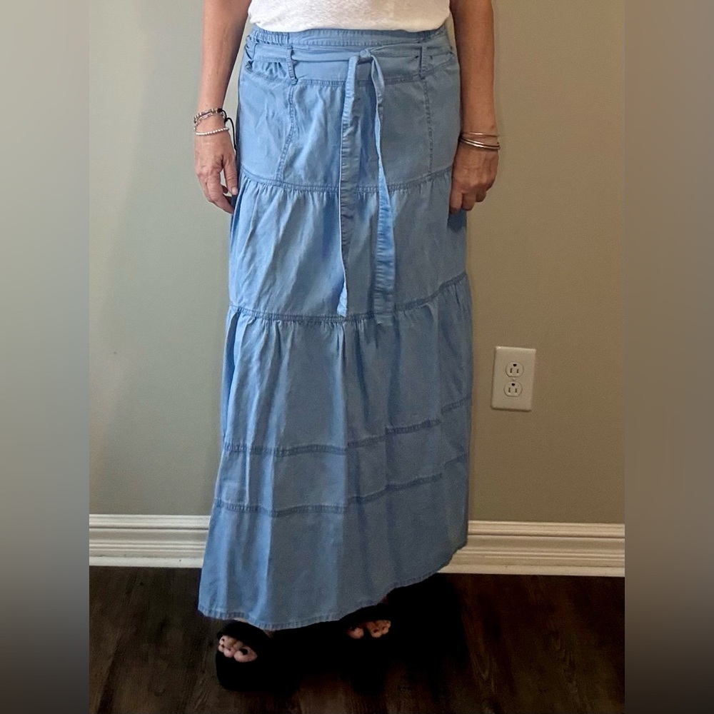 Light Blue Denim Maxi Skirt with Tie Front